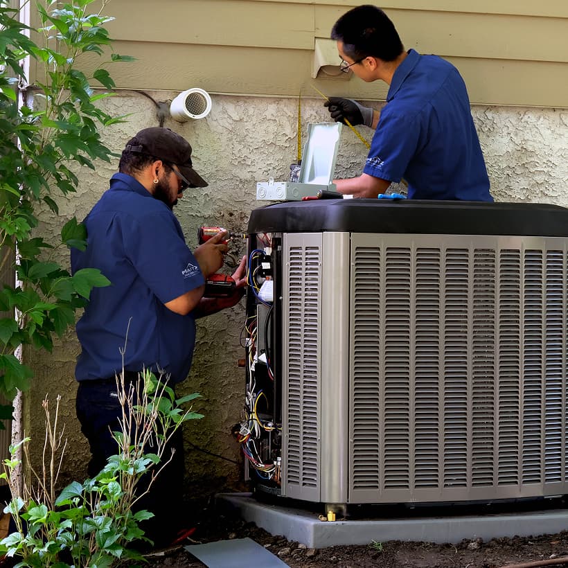 Two Maitz HVAC technicians installing a brand-new residential outdoor air conditioning condenser unit during a home AC replacement service.